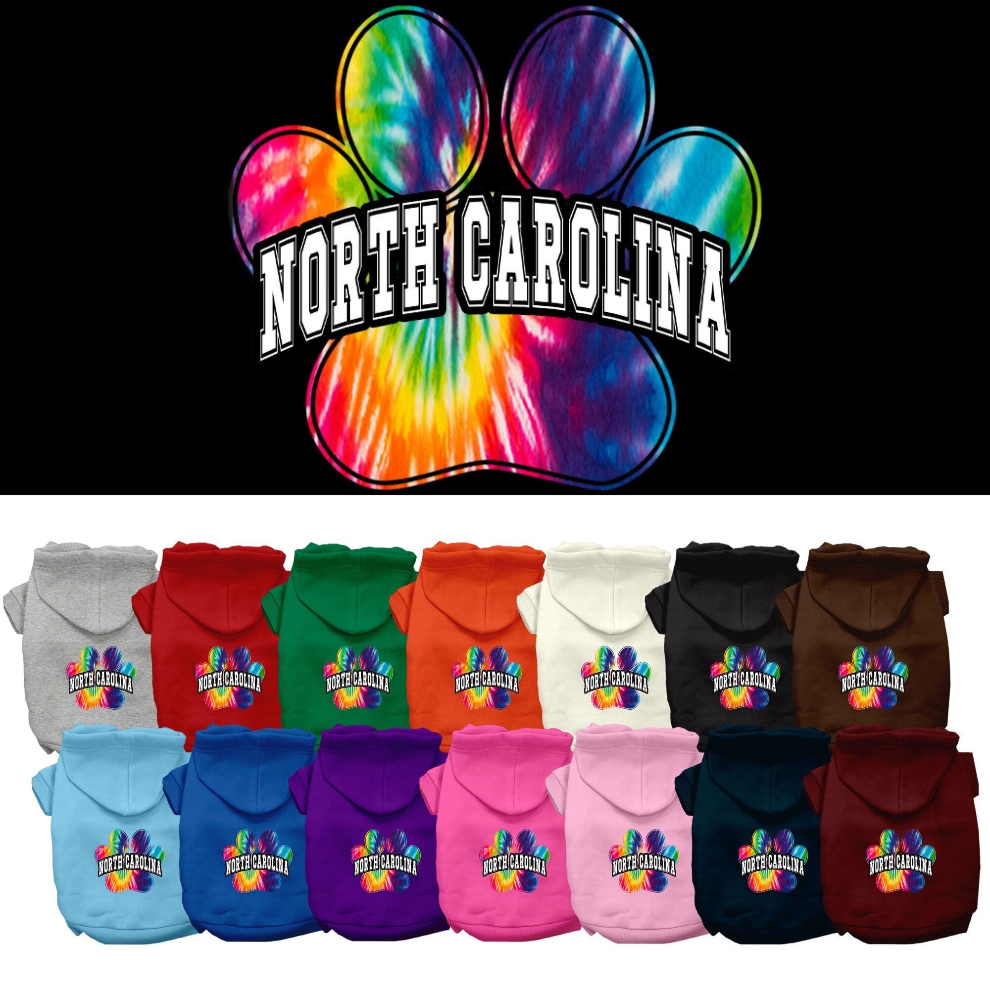 Pet Dog & Cat Screen Printed Hoodie for Medium to Large Pets (Sizes 2XL-6XL), "North Carolina Bright Tie Dye"