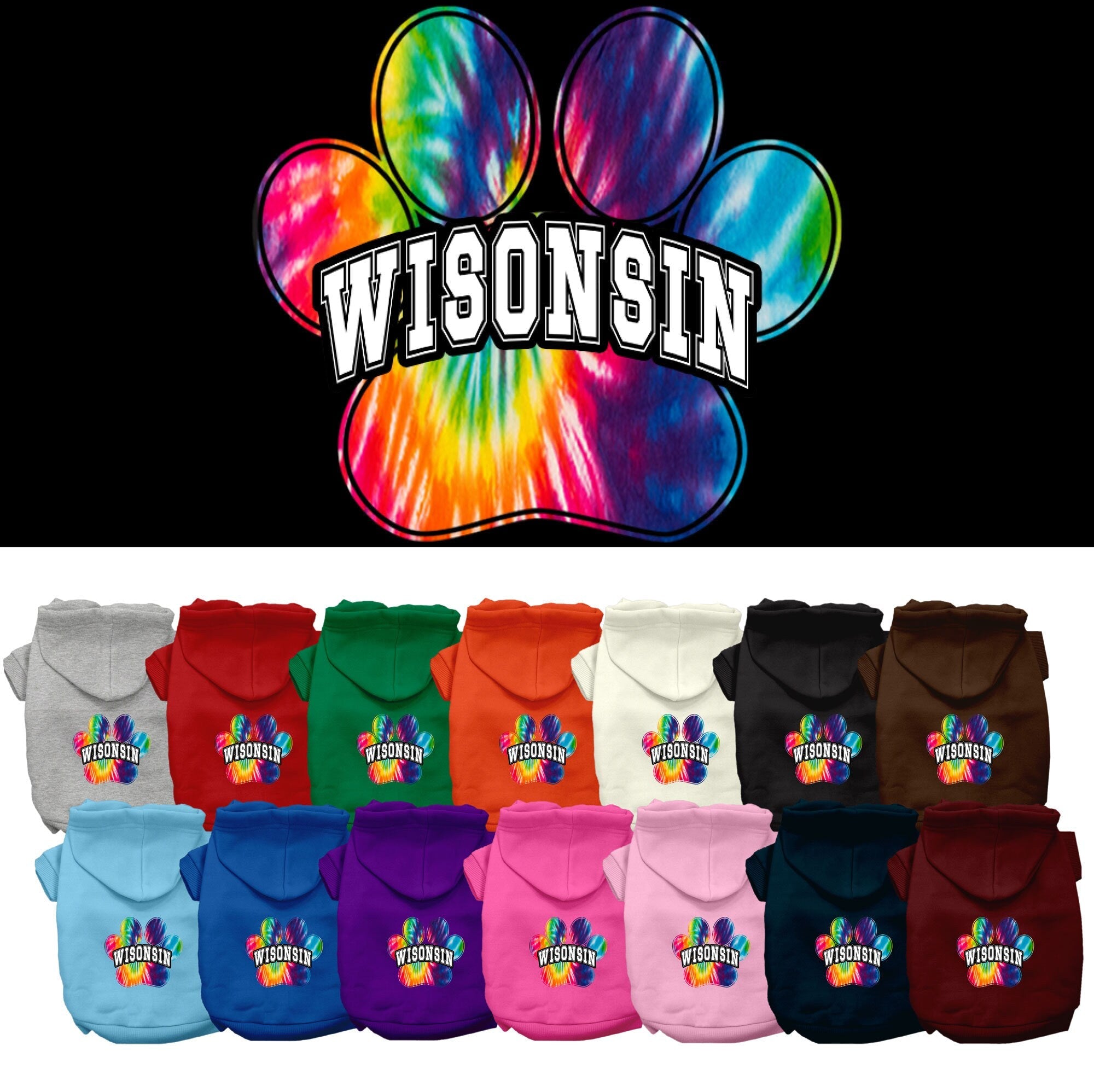 Pet Dog & Cat Screen Printed Hoodie for Medium to Large Pets (Sizes 2XL-6XL), "Wisconsin Bright Tie Dye"