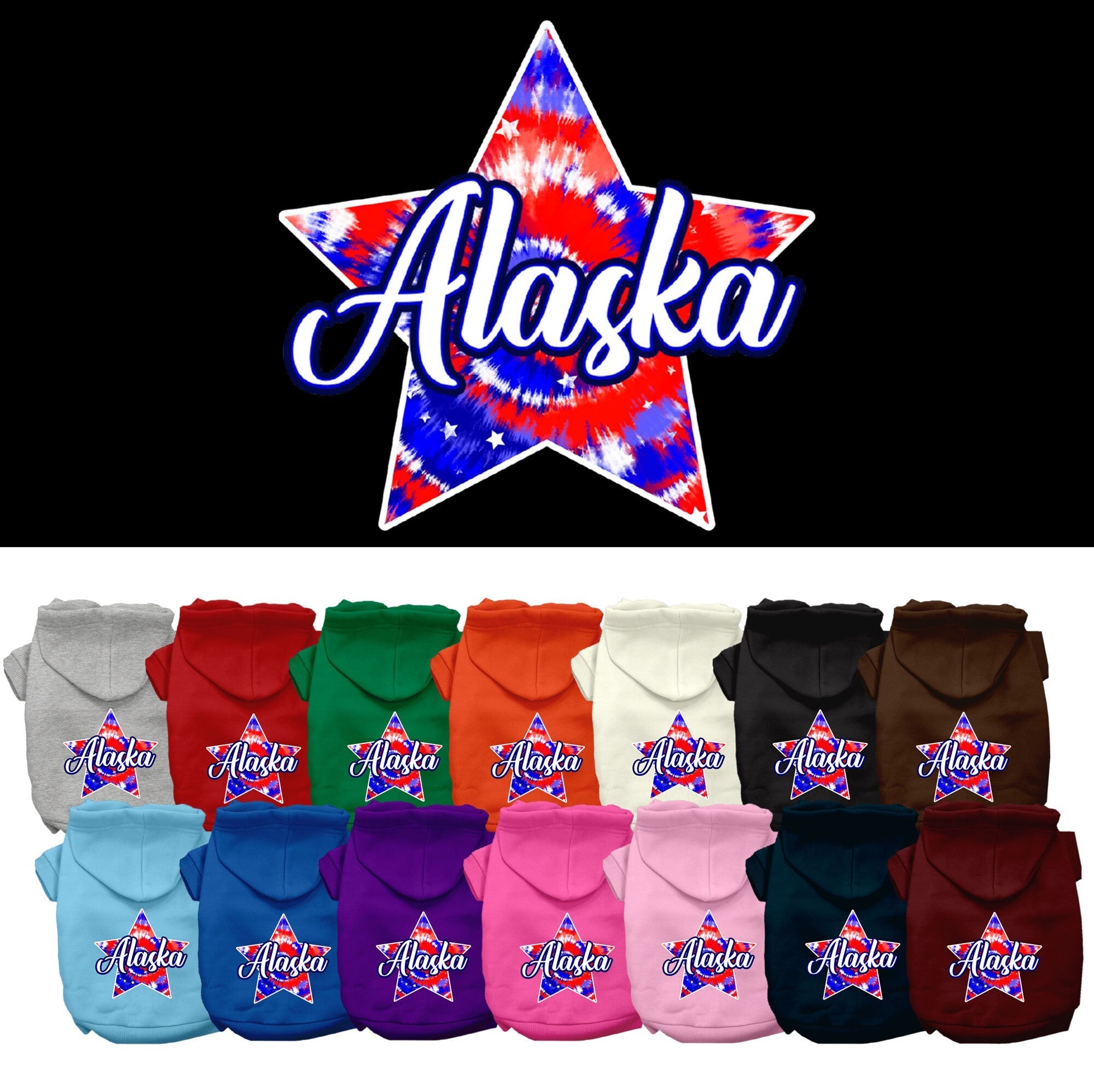 Pet Dog & Cat Screen Printed Hoodie for Small to Medium Pets (Sizes XS-XL), "Alaska Patriotic Tie Dye"