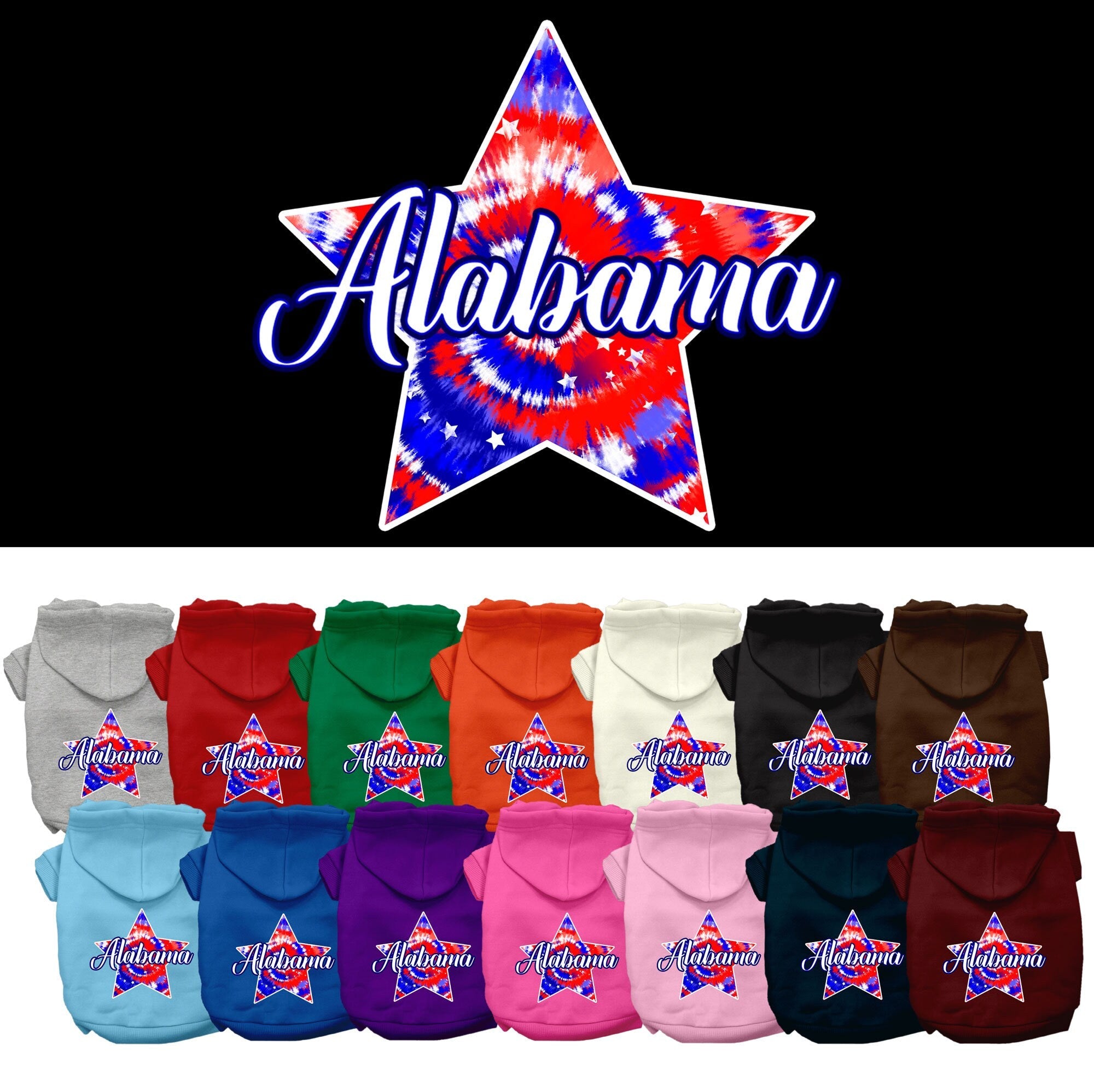 Pet Dog & Cat Screen Printed Hoodie for Small to Medium Pets (Sizes XS-XL), "Alabama Patriotic Tie Dye"