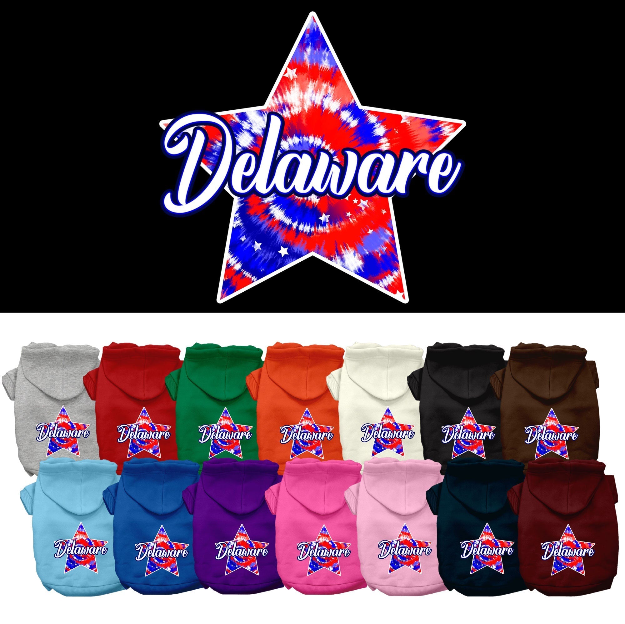 Pet Dog & Cat Screen Printed Hoodie for Small to Medium Pets (Sizes XS-XL), "Delaware Patriotic Tie Dye"