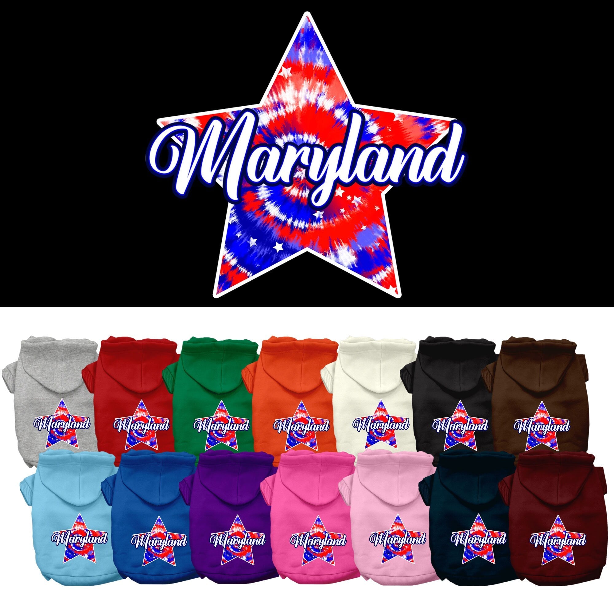 Pet Dog & Cat Screen Printed Hoodie for Medium to Large Pets (Sizes 2XL-6XL), "Maryland Patriotic Tie Dye"