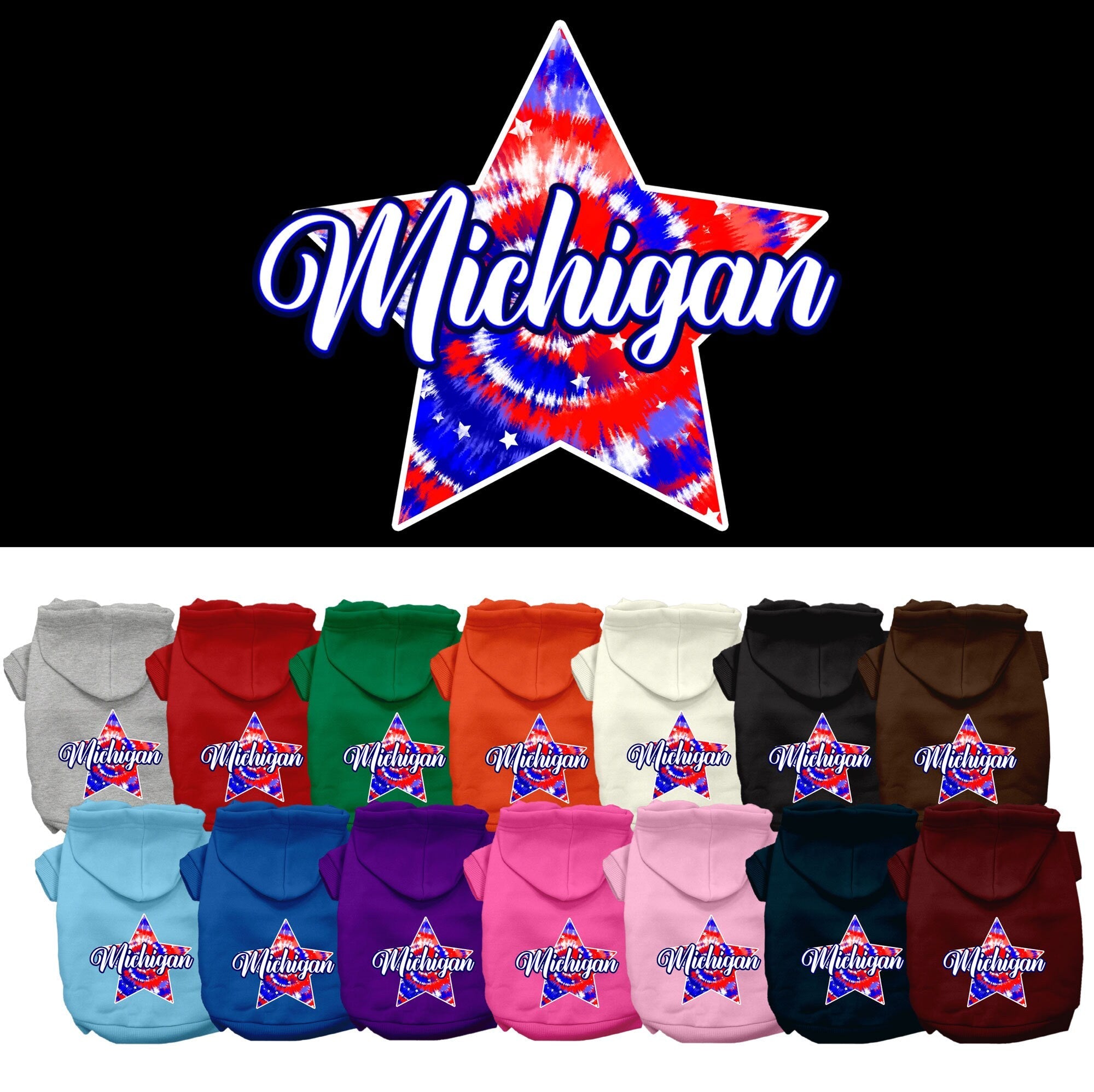 Pet Dog & Cat Screen Printed Hoodie for Medium to Large Pets (Sizes 2XL-6XL), "Michigan Patriotic Tie Dye"