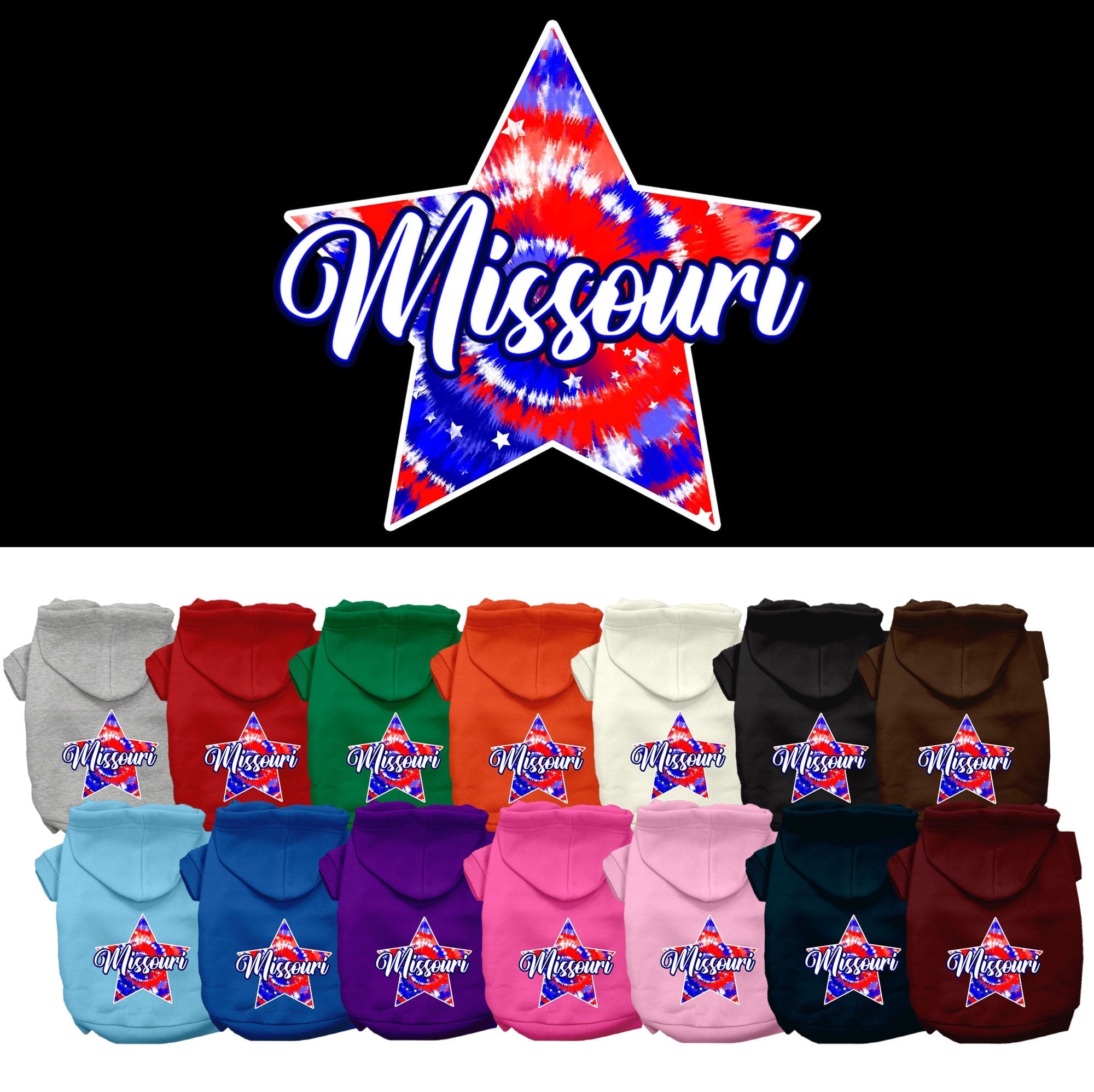 Pet Dog & Cat Screen Printed Hoodie for Medium to Large Pets (Sizes 2XL-6XL), "Missouri Patriotic Tie Dye"