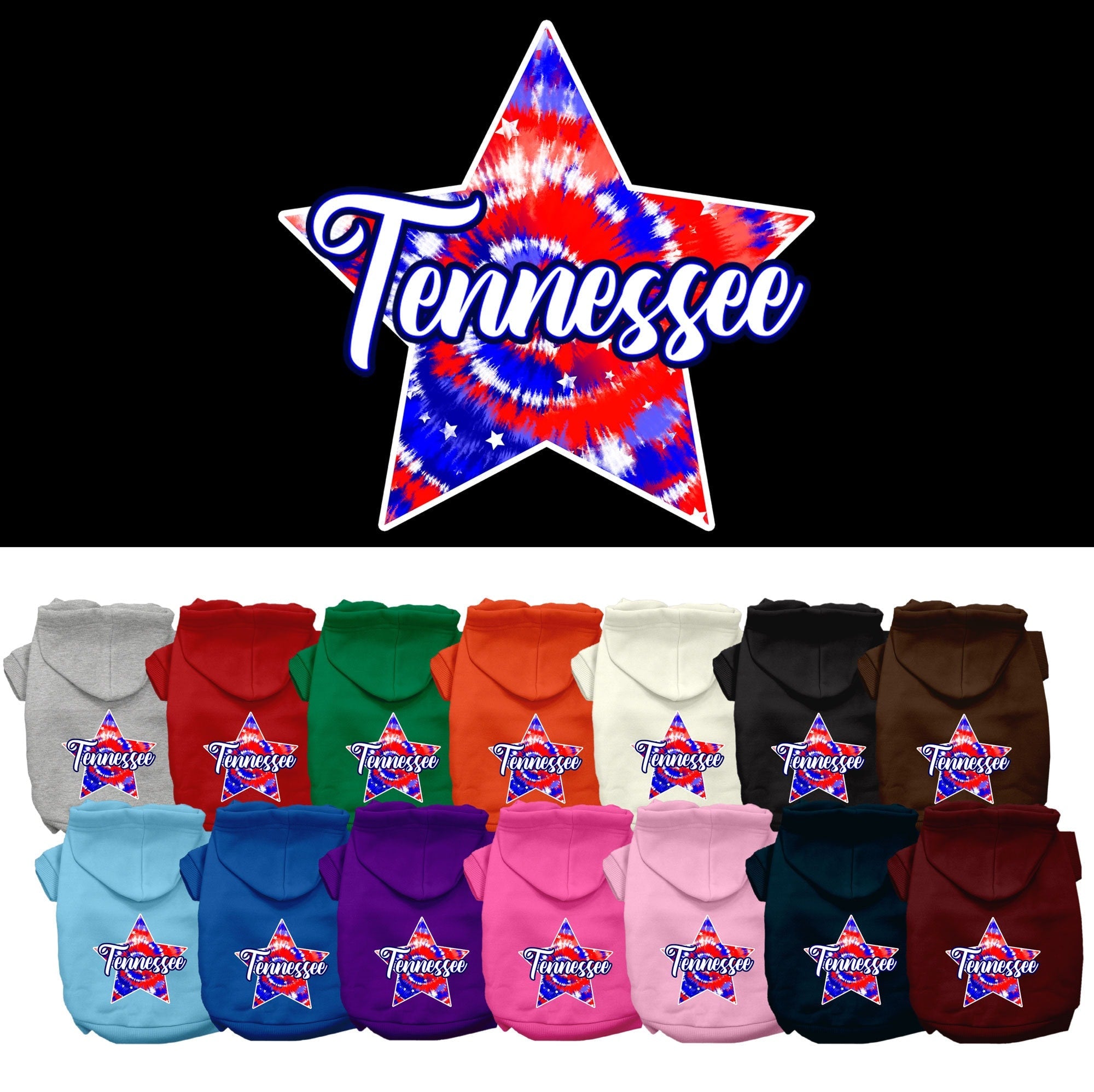 Pet Dog & Cat Screen Printed Hoodie for Medium to Large Pets (Sizes 2XL-6XL), "Tennessee Patriotic Tie Dye"