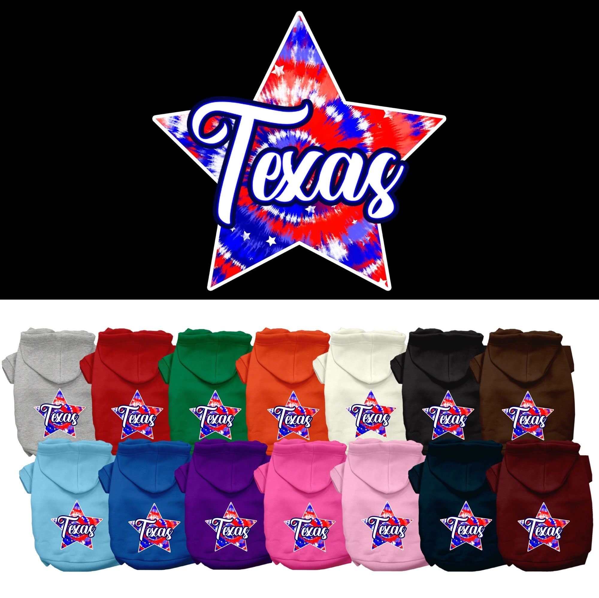 Pet Dog & Cat Screen Printed Hoodie for Medium to Large Pets (Sizes 2XL-6XL), "Texas Patriotic Tie Dye"