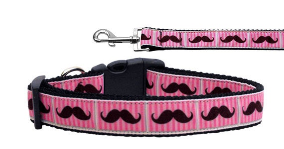 Pet Dog & Cat Nylon Collar or Leash, "Pink Striped Moustache"