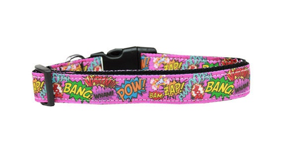 Pet Dog & Cat Nylon Collar or Leash, "Superhero Sound Effects Pink"