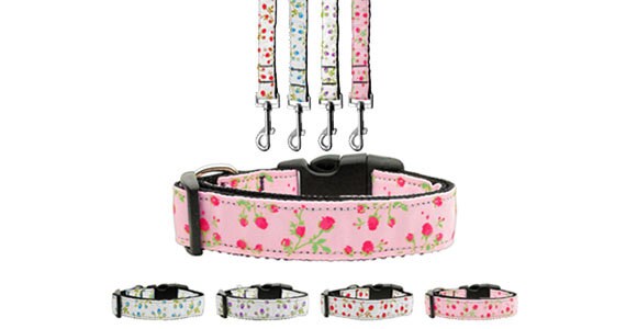 Pet Dog & Cat Nylon Collar or Leash, "Roses"