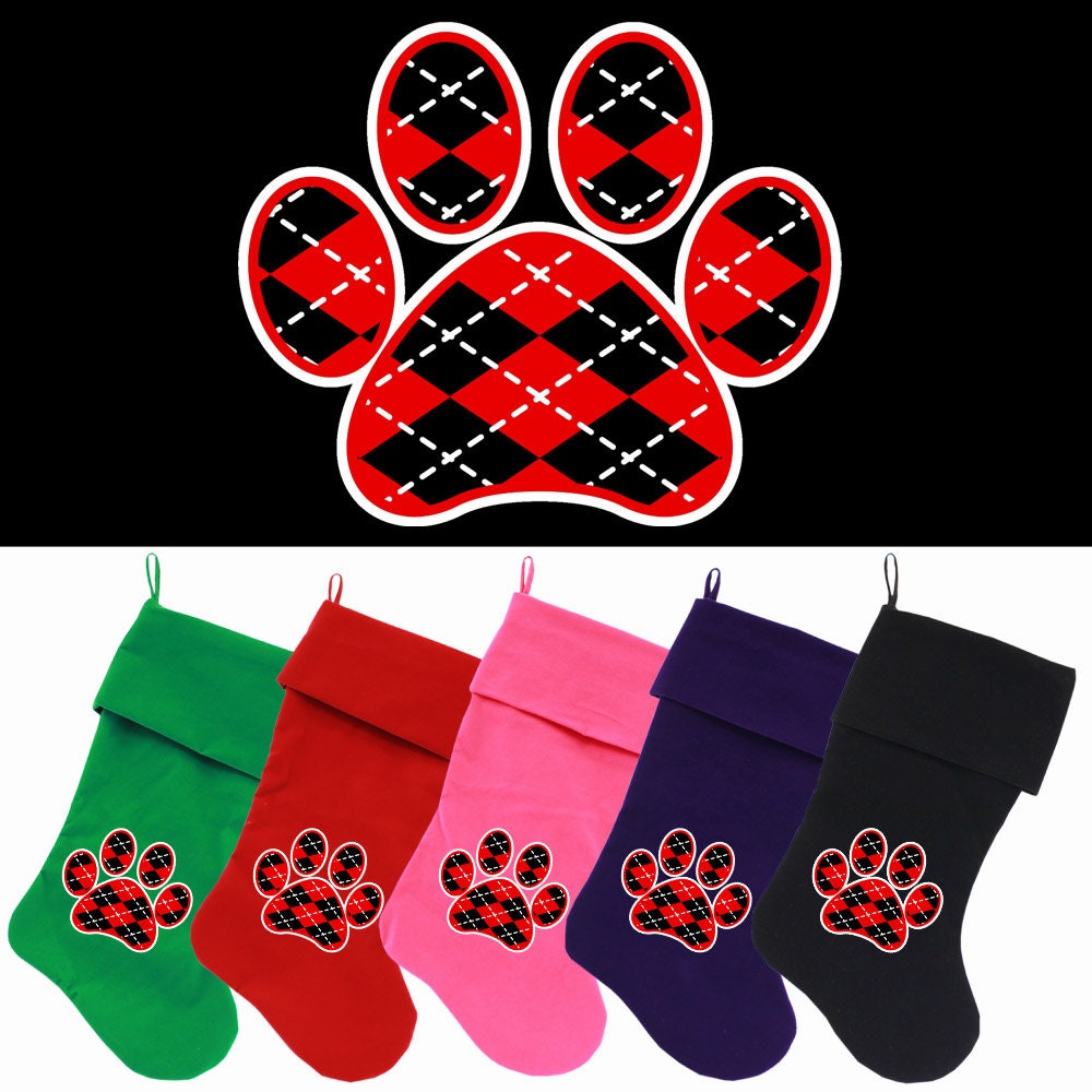 Velvet Christmas Stocking Screen Printed, "Argyle Paw"