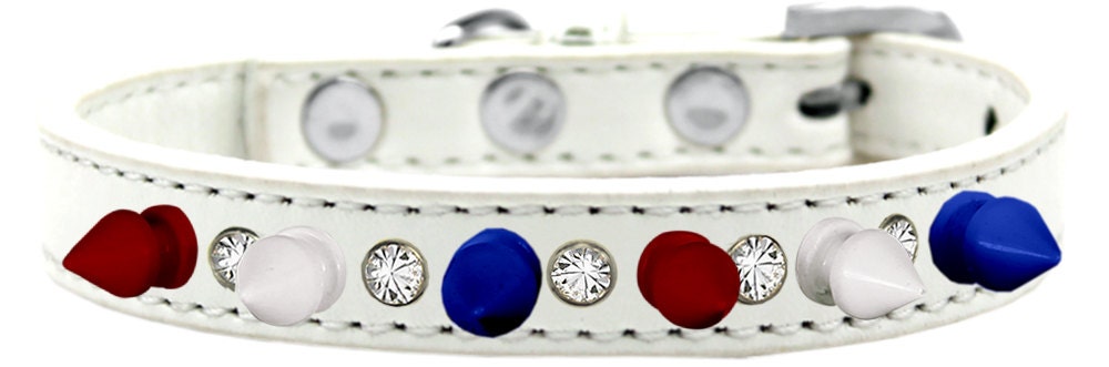 Pet and Dog Spike Collar, "Clear Crystals & Red, White and Blue Spikes”