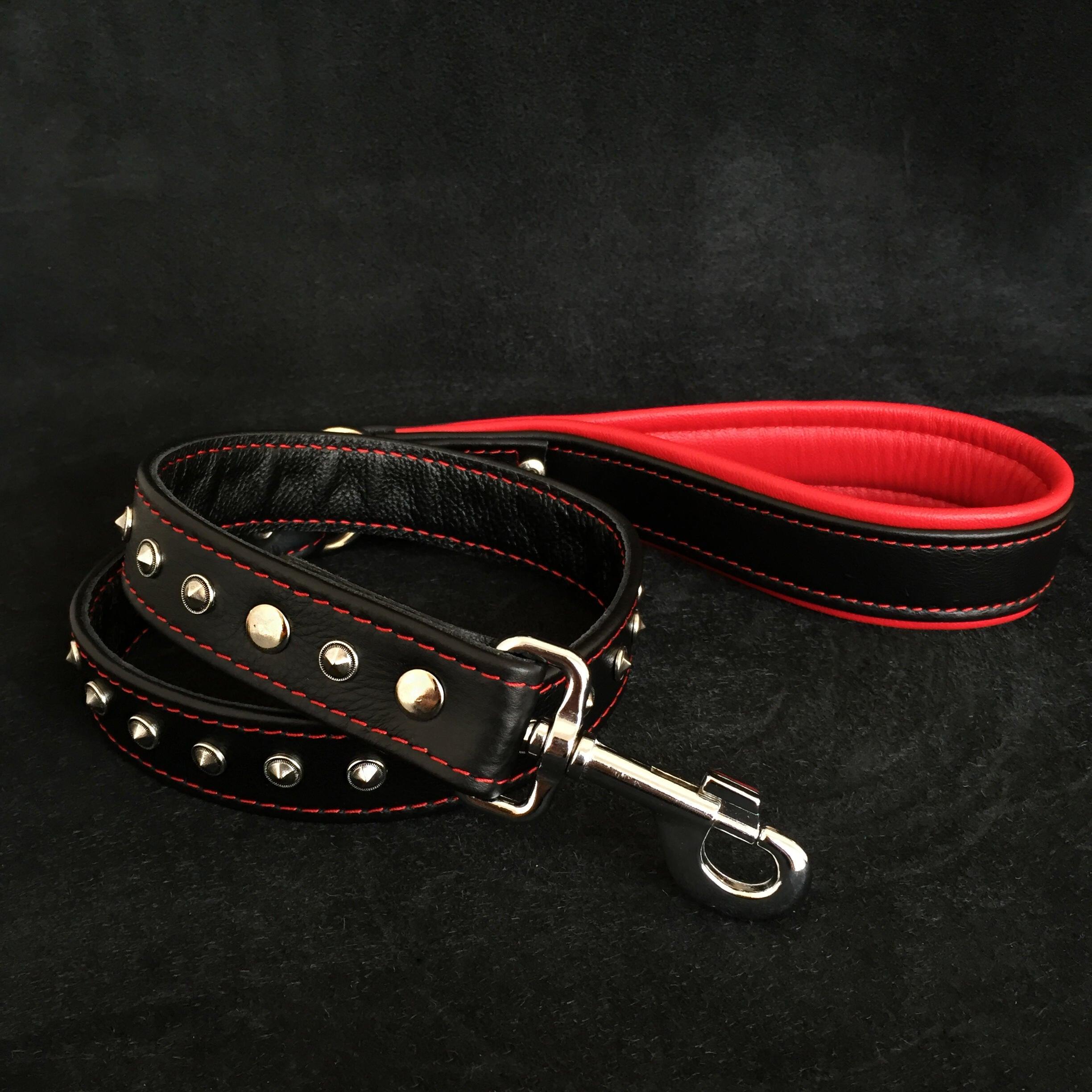 Black soft leather studded leash