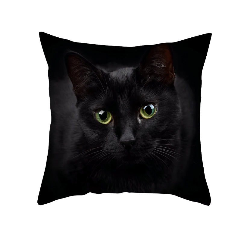 Black Cat Decorative Throw Pillow Cover | Green Eyes