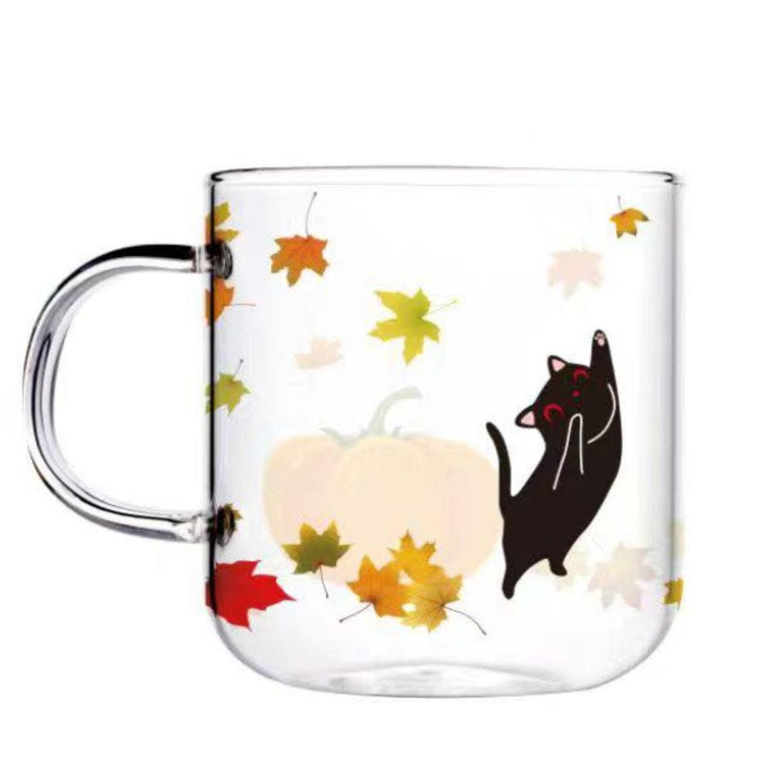 Glass Cat Mug | Fall Leaves and Pumpkin Design